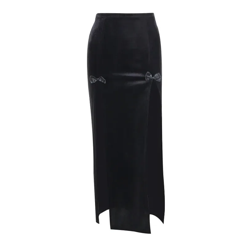 Alt Fashion High Waist Long Skirt with Double Slit Women Winter Velvet Black Sexy Skirts Gothic Punk Clothes P80-CZ22