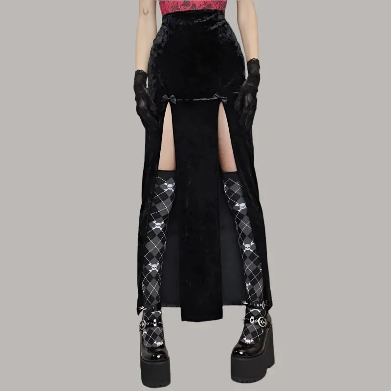 Alt Fashion High Waist Long Skirt with Double Slit Women Winter Velvet Black Sexy Skirts Gothic Punk Clothes P80-CZ22