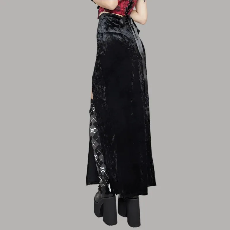 Alt Fashion High Waist Long Skirt with Double Slit Women Winter Velvet Black Sexy Skirts Gothic Punk Clothes P80-CZ22