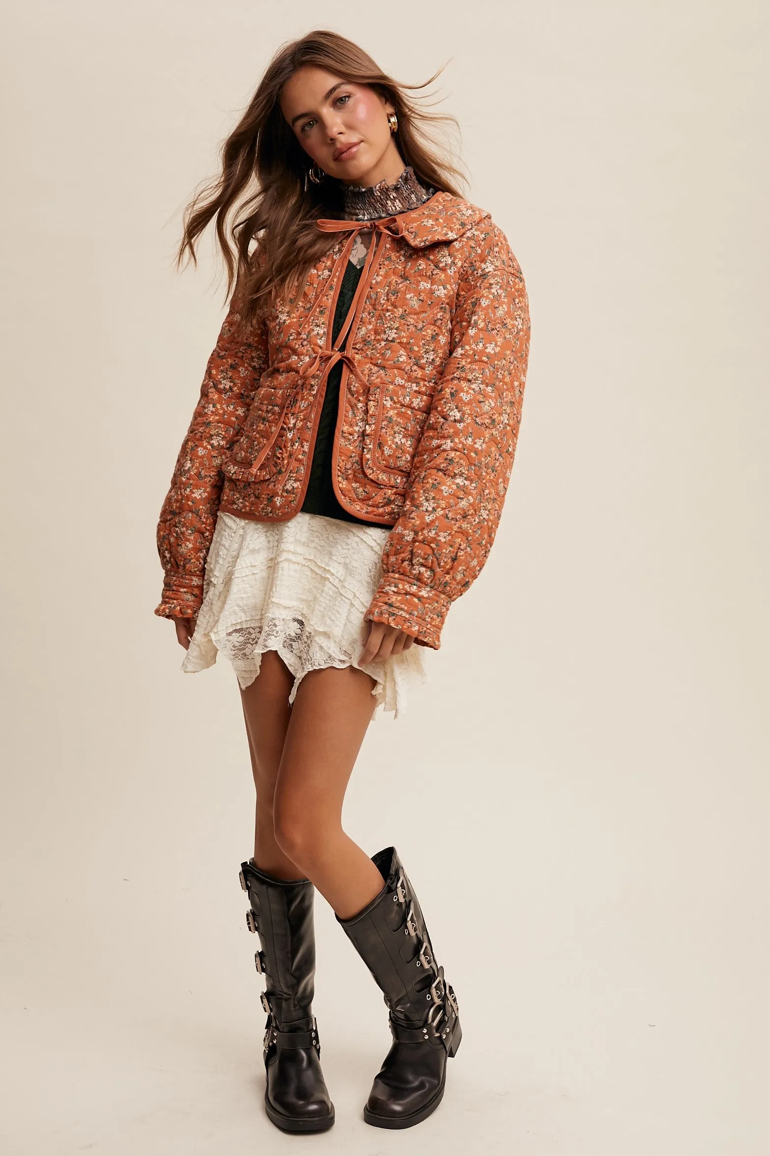 Aniyah Floral Tie Front Collar Heart Quilted Jacket