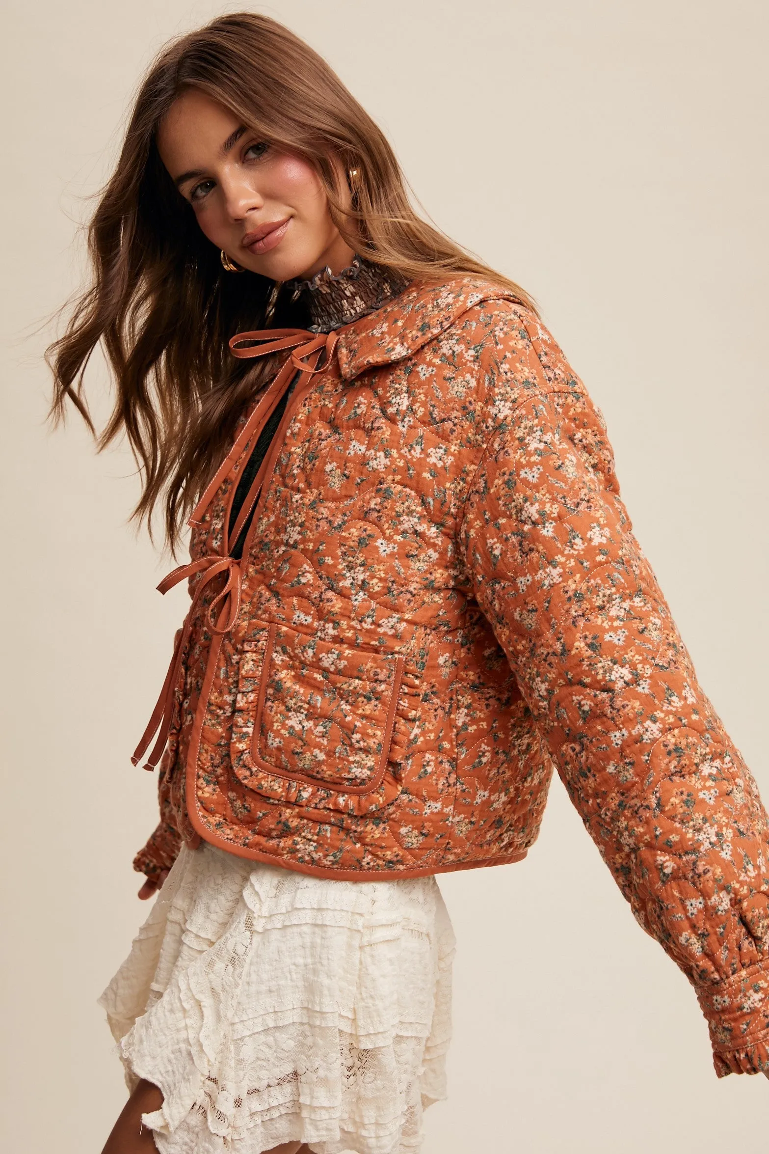 Aniyah Floral Tie Front Collar Heart Quilted Jacket