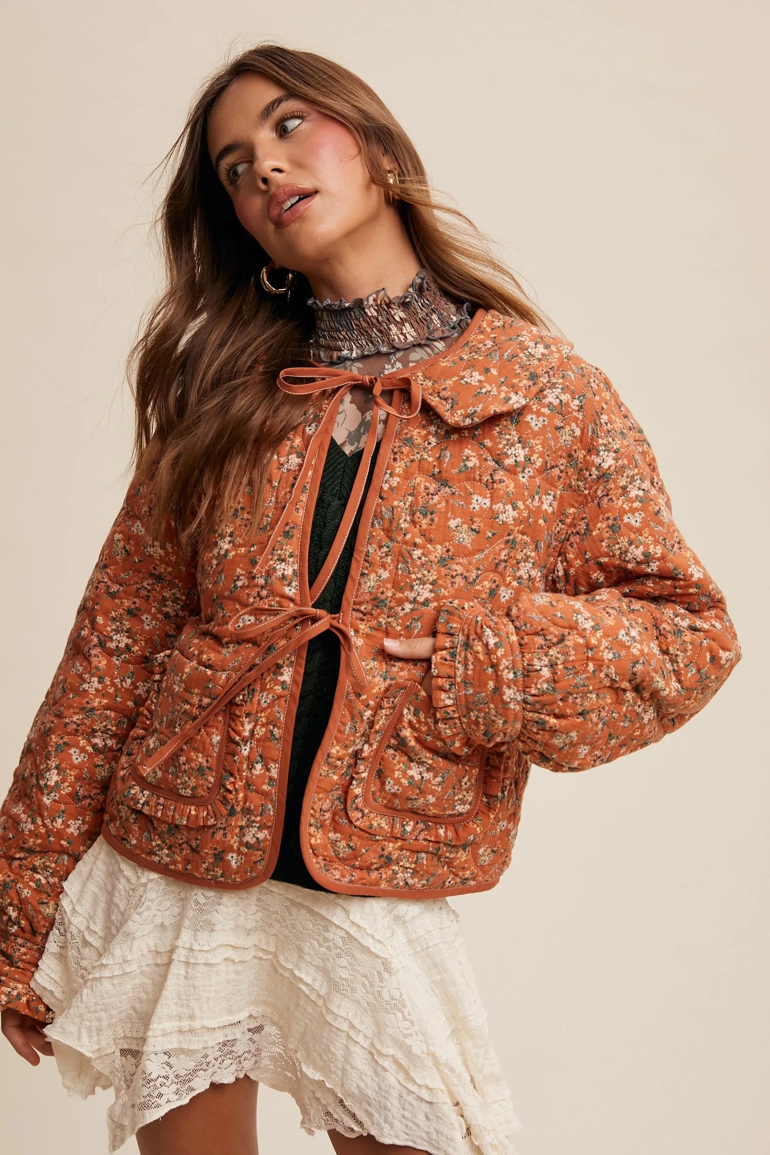 Aniyah Floral Tie Front Collar Heart Quilted Jacket