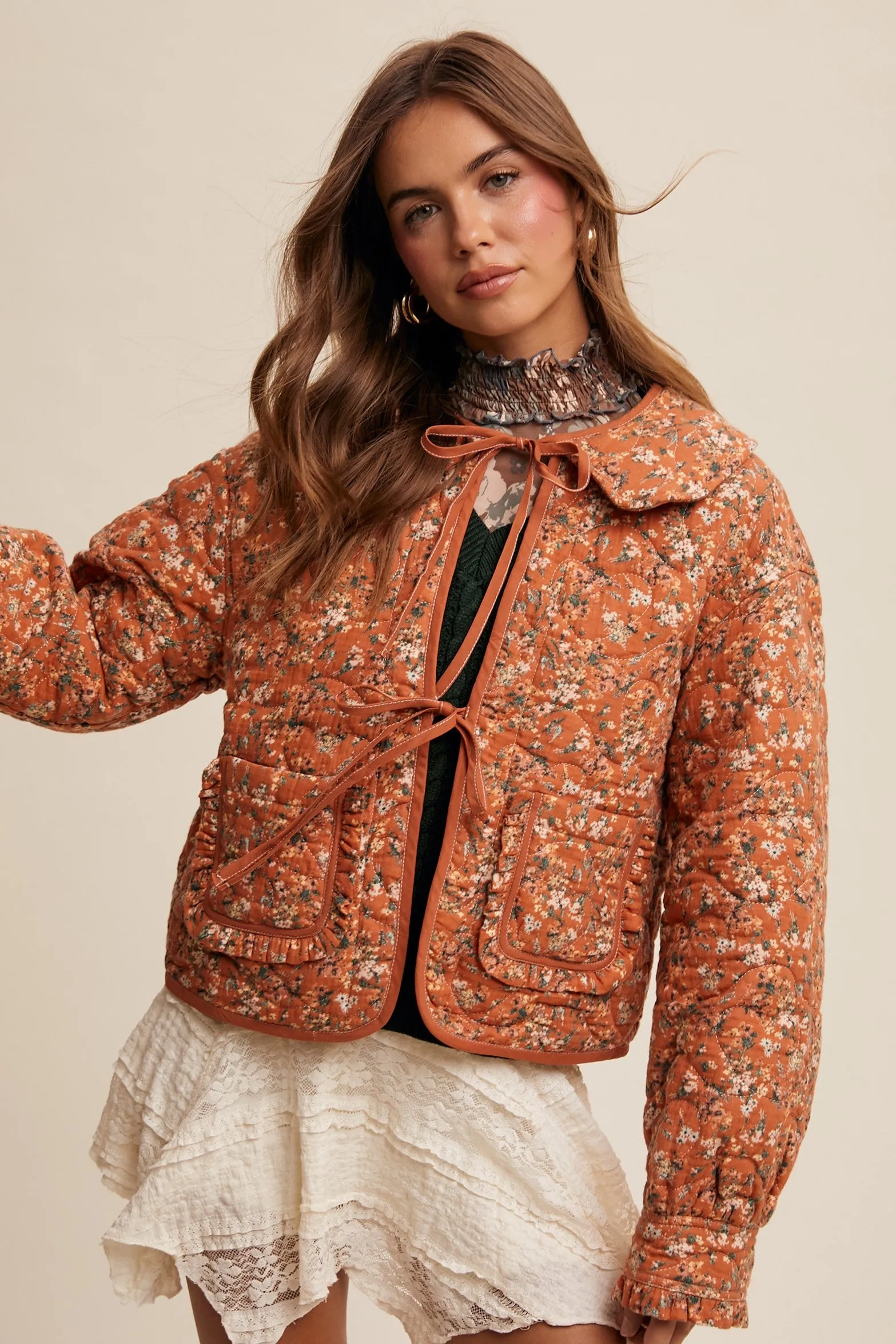 Aniyah Floral Tie Front Collar Heart Quilted Jacket