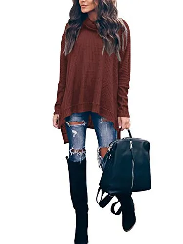 ANRABESS Women's Oversized Turtleneck Batwing Long Sleeve Waffle Knit Tunic Sweater Top 2024 Fall Trendy Pullover Shirts Pink Small