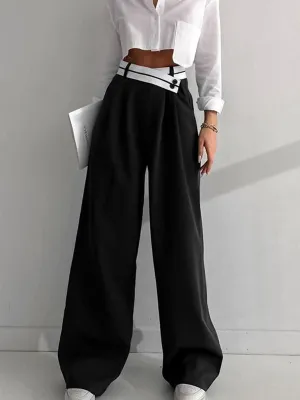 Asymmetrical Contrast Waistband Wide Leg Dress Pants