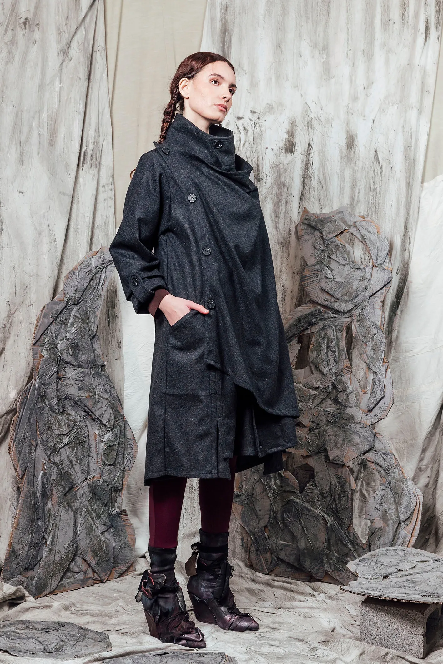 AW24 THORNE DRAPE TRENCH - CHARCOAL FLECK