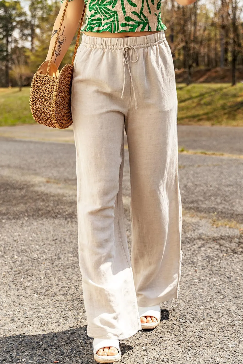 Beach Linen Pants - Apricot Color, Wide Leg