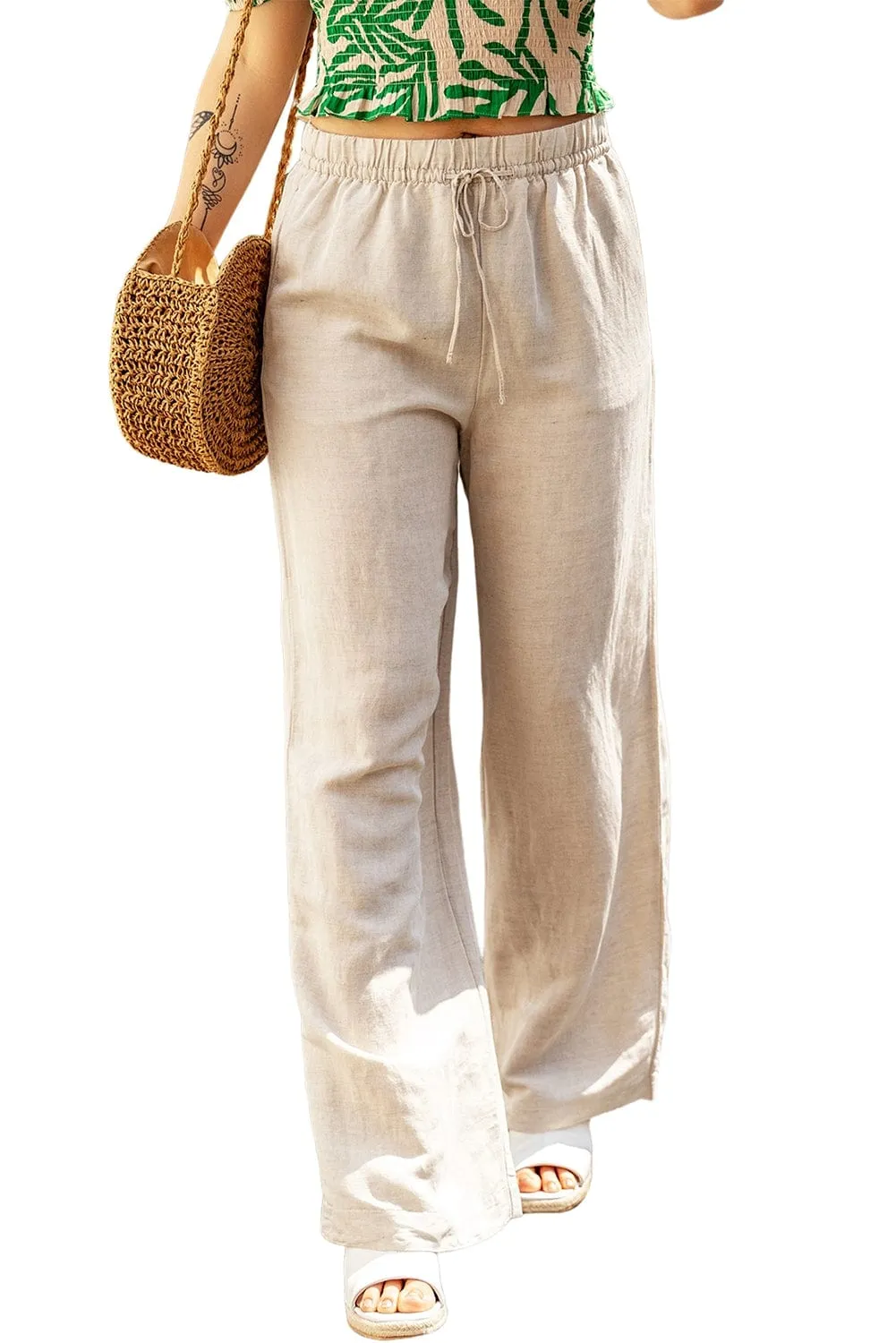 Beach Linen Pants - Apricot Color, Wide Leg