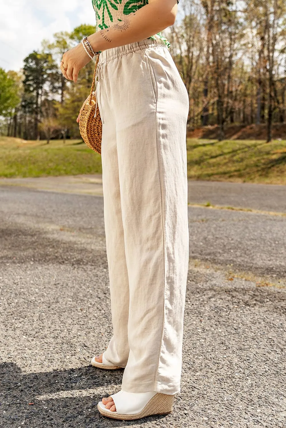 Beach Linen Pants - Apricot Color, Wide Leg