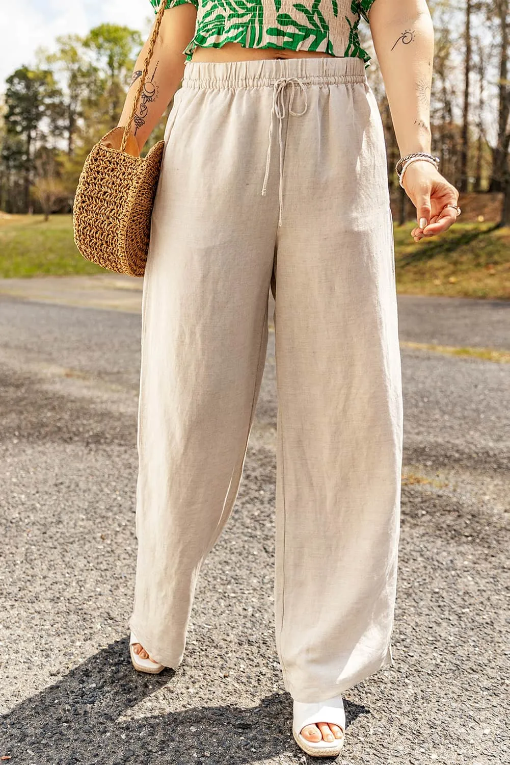 Beach Linen Pants - Apricot Color, Wide Leg