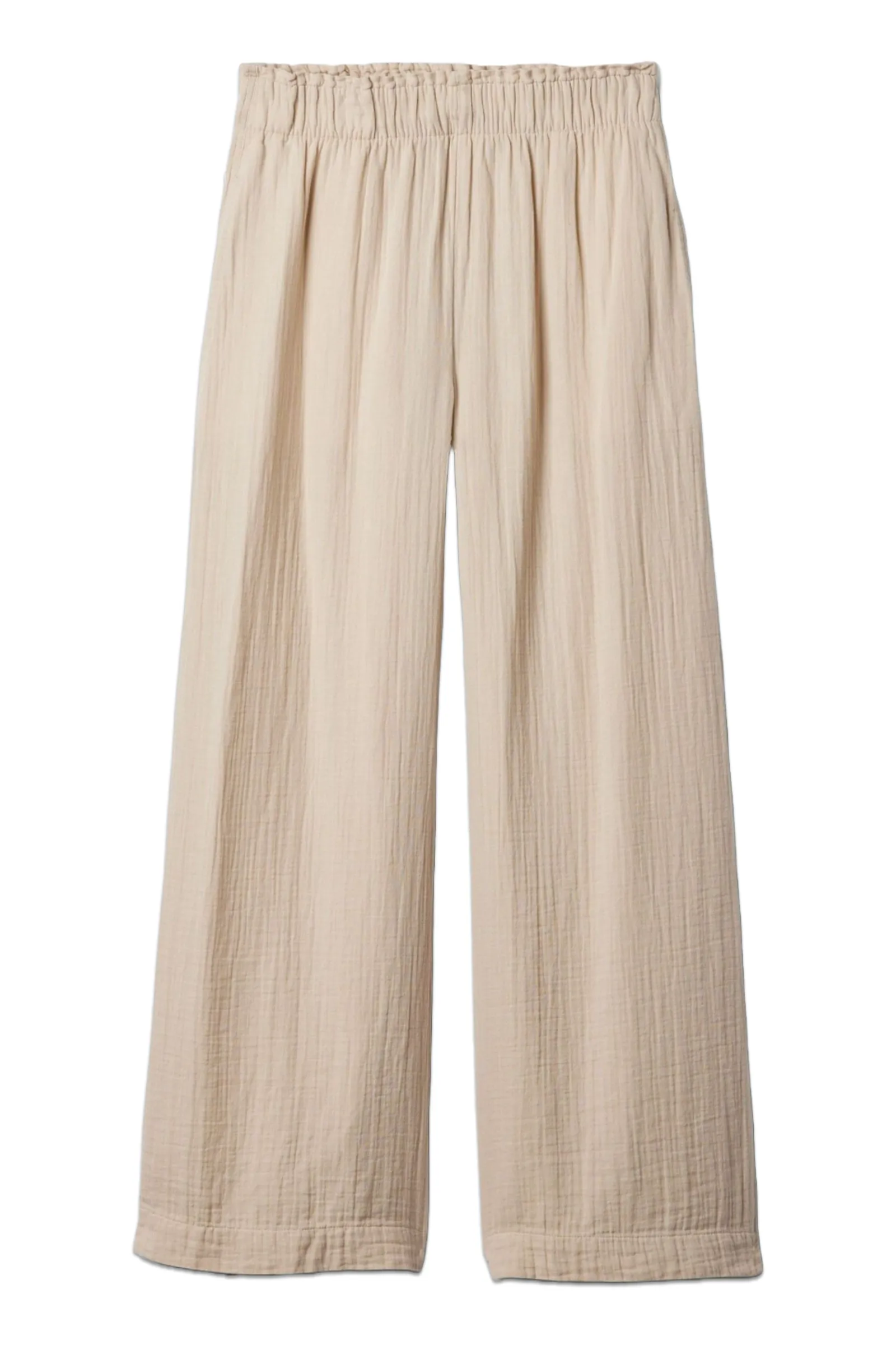 Beige Crinkle Cotton Wide Leg Pull On Trouser