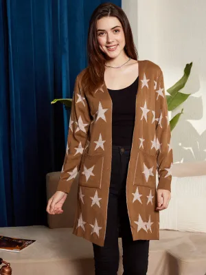 Berrylush Women Brown & White Star Printed Two-Pocket Open-Front Acrylic Straight Hem Longline Cardigan