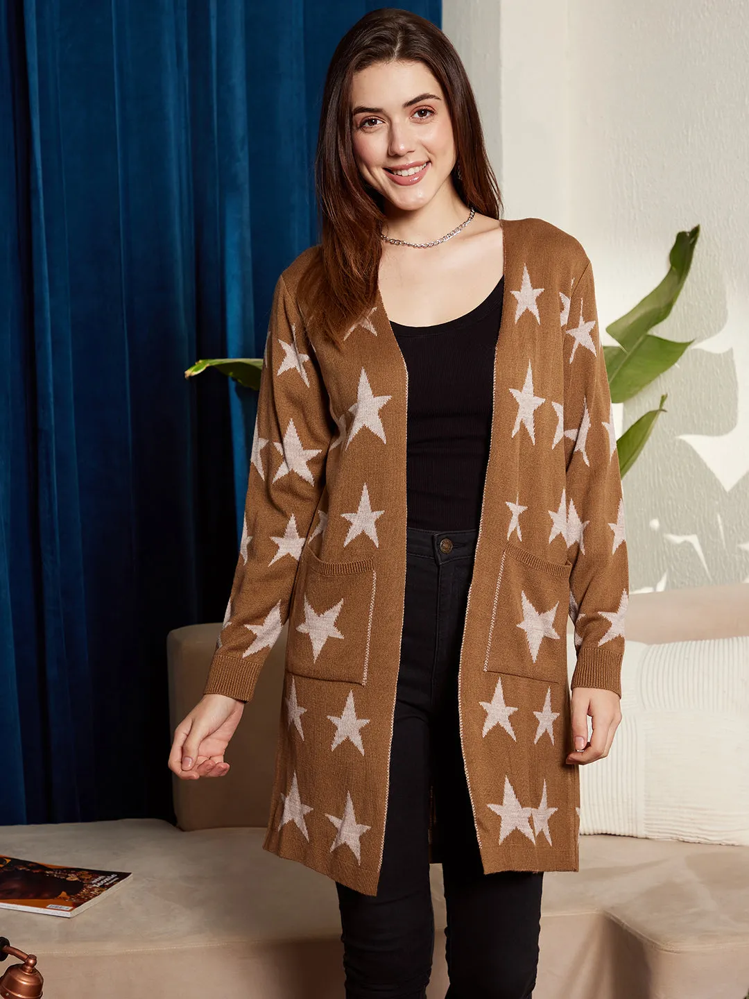 Berrylush Women Brown & White Star Printed Two-Pocket Open-Front Acrylic Straight Hem Longline Cardigan