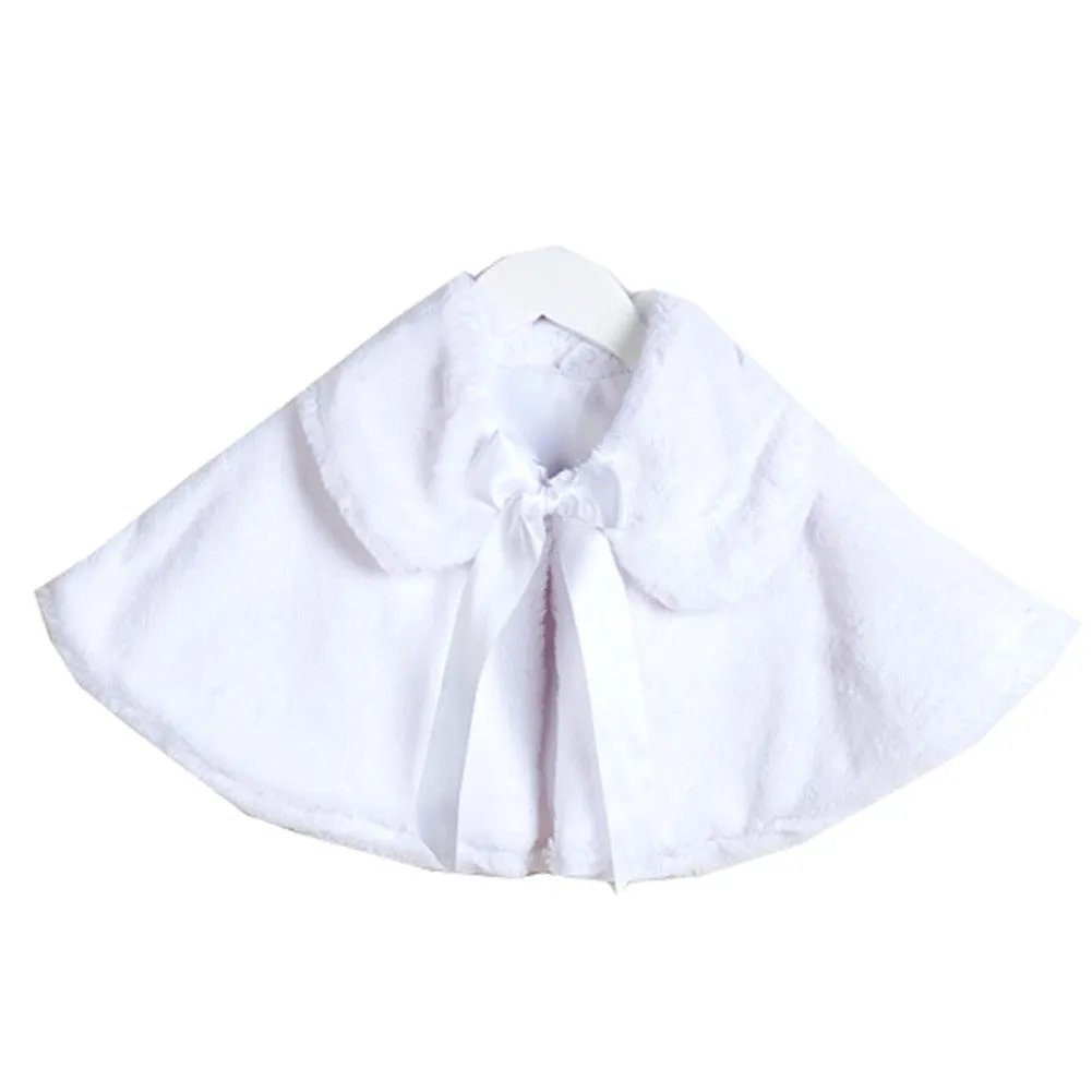 Big Girls White Satin Tie Collared Elegant Faux Fur Cape 8-12