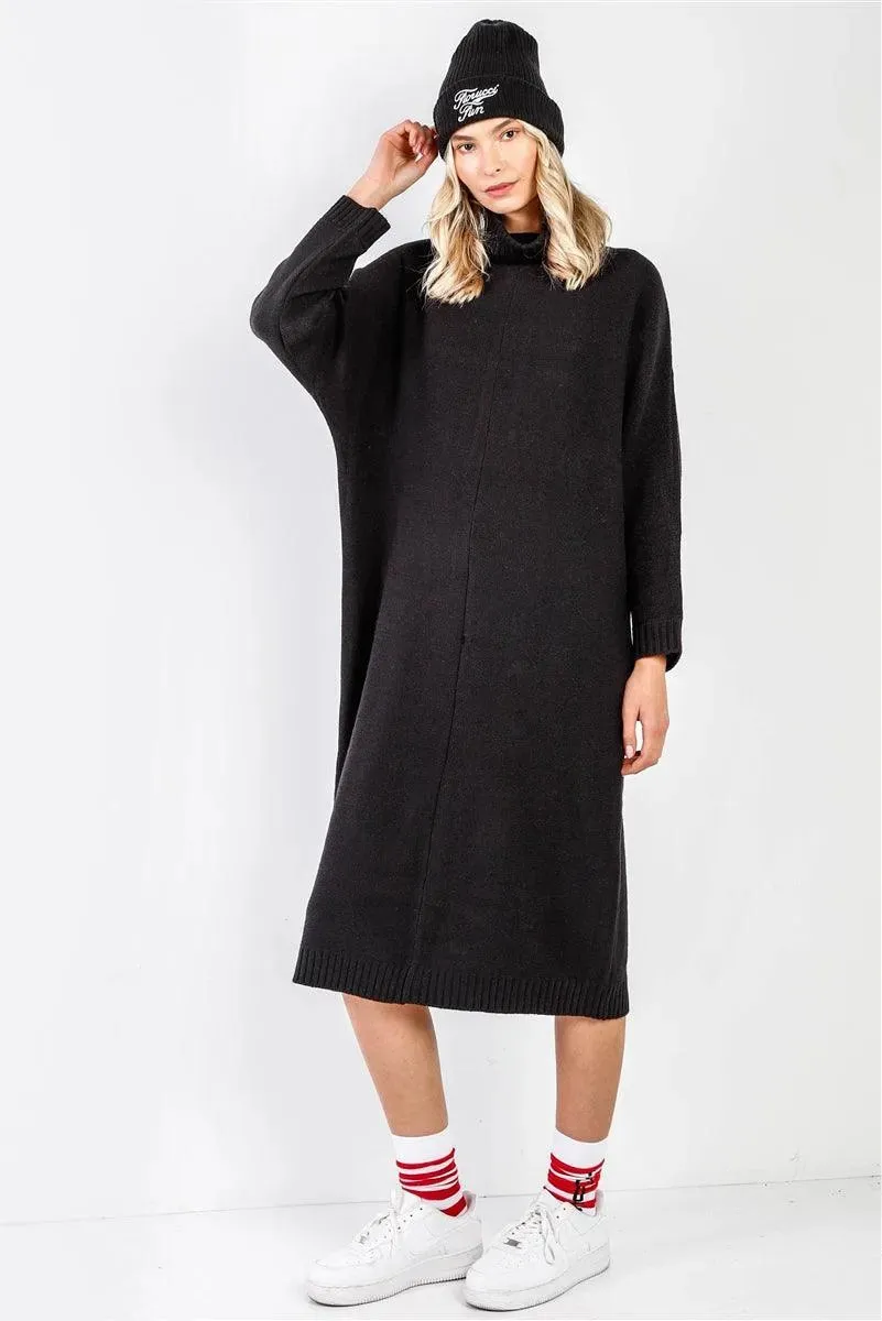 Black Knit Turtleneck Dolman Sleeve Oversized Maxi Dress /1-2-2