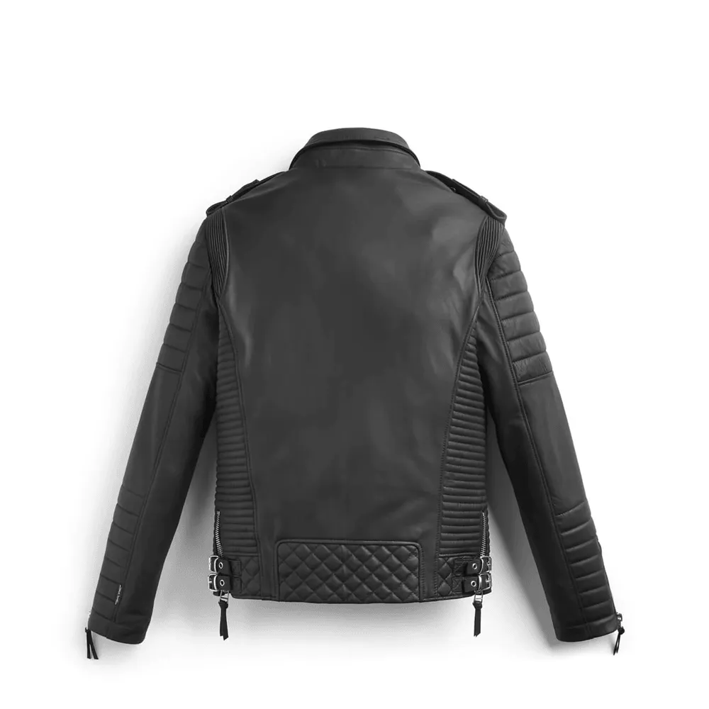 Black Quilted Biker Leather Jacket For Men