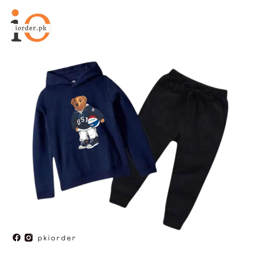 Blue Football Bear Printed Kids Hoodie Set