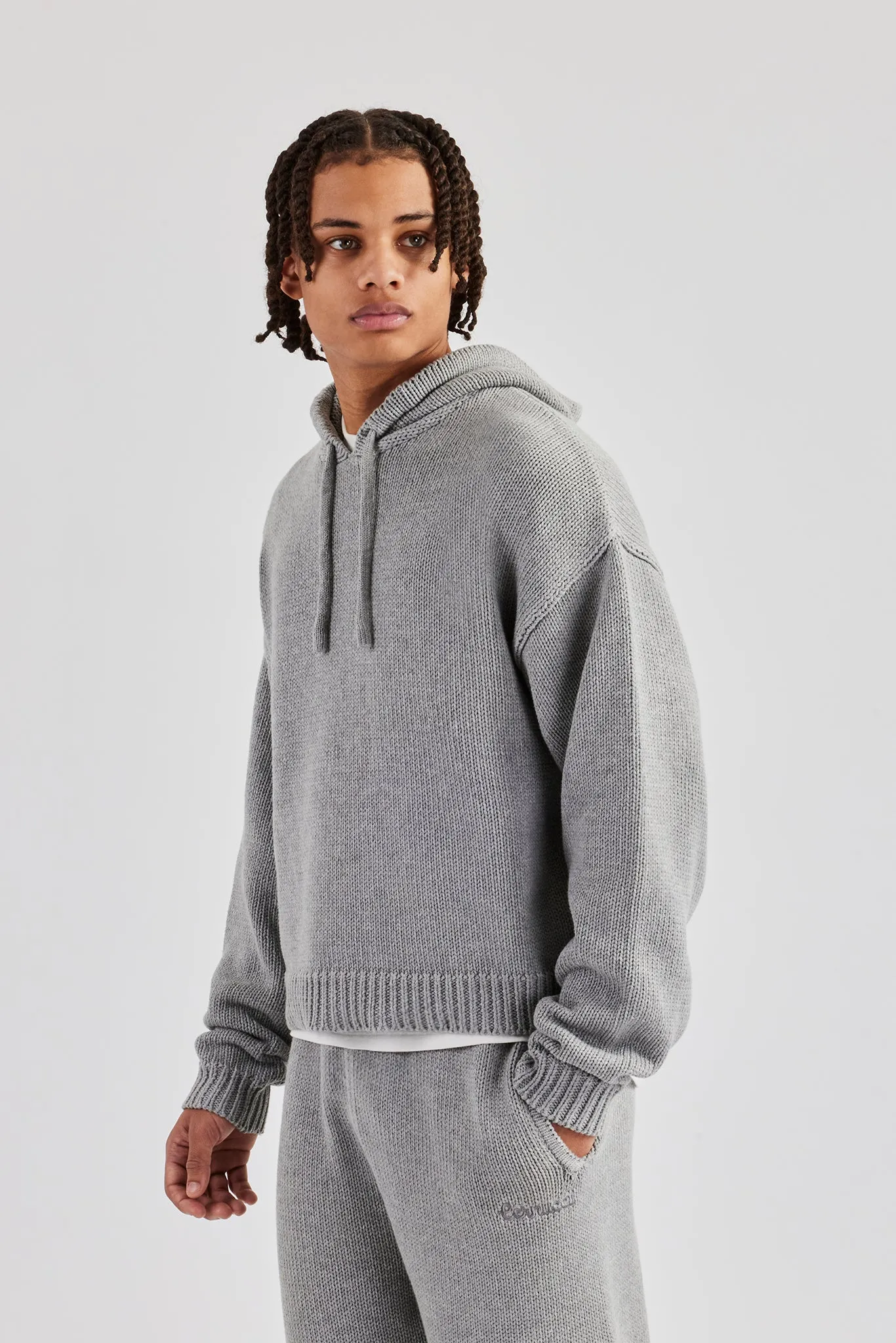 Boxy Knitted Embroidered Hoodie - Grey