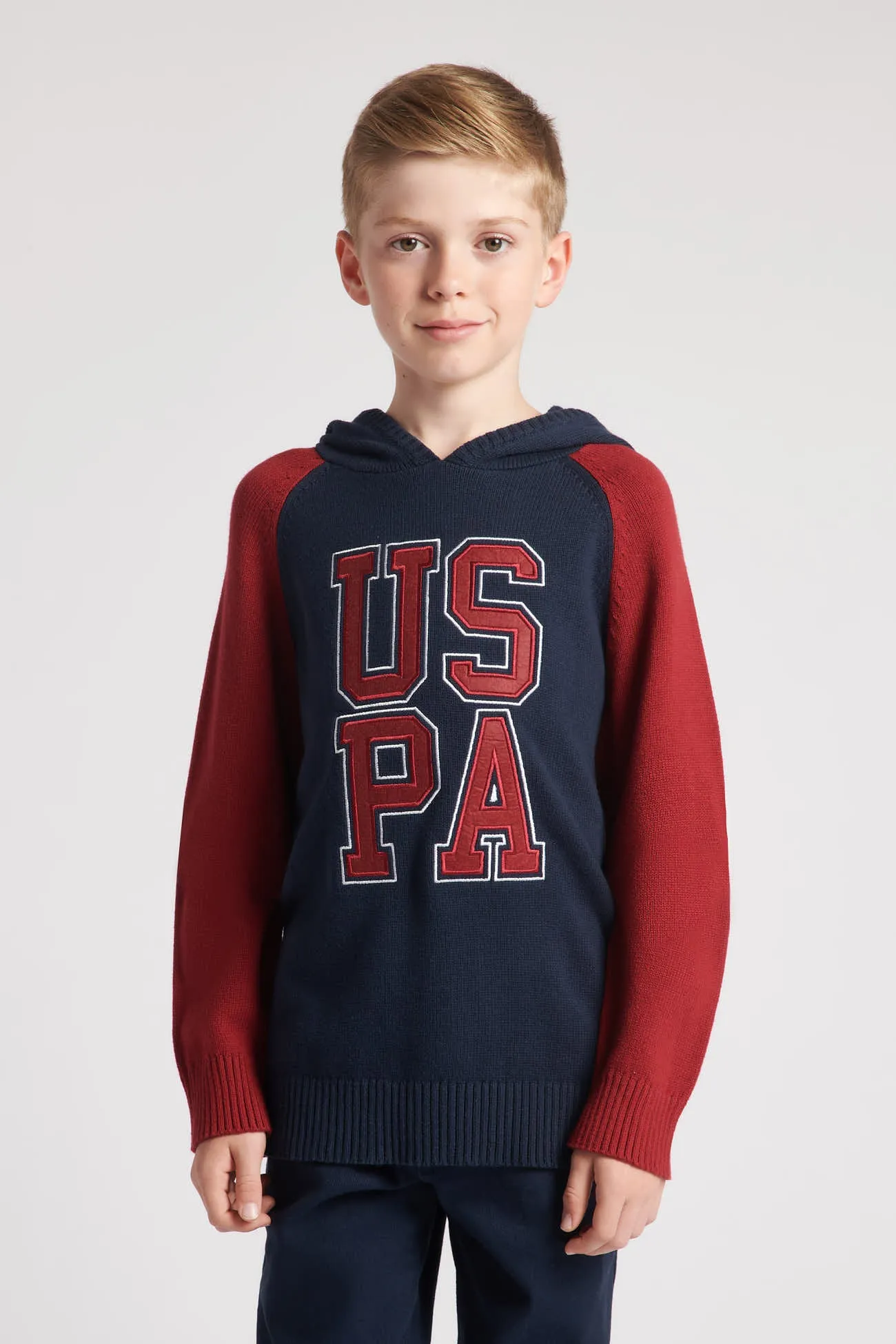 Boys Raglan Knitted Hoodie in Navy Blue