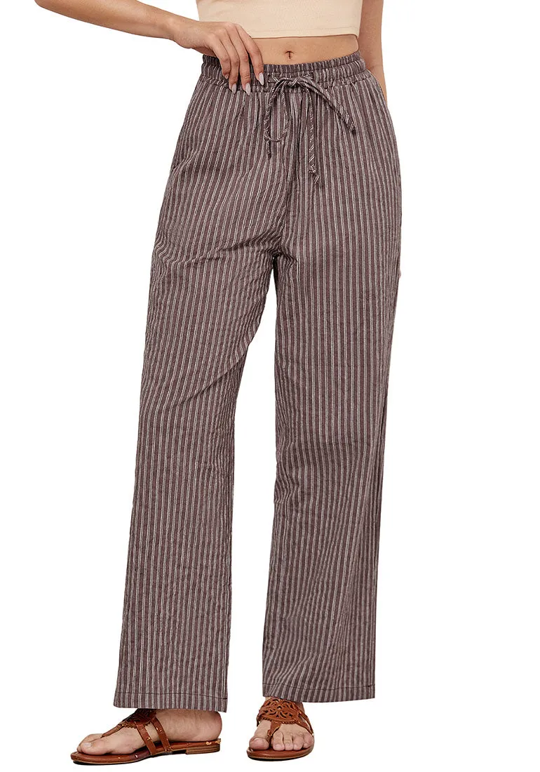 Brown White Stripe Women's Drawstring Full Length High Waist Long Pants Wide Leg Striped Trousers