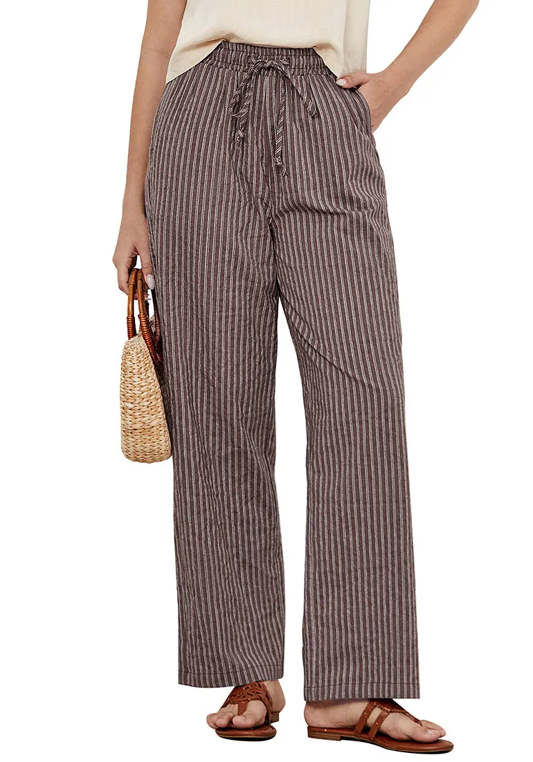 Brown White Stripe Women's Drawstring Full Length High Waist Long Pants Wide Leg Striped Trousers