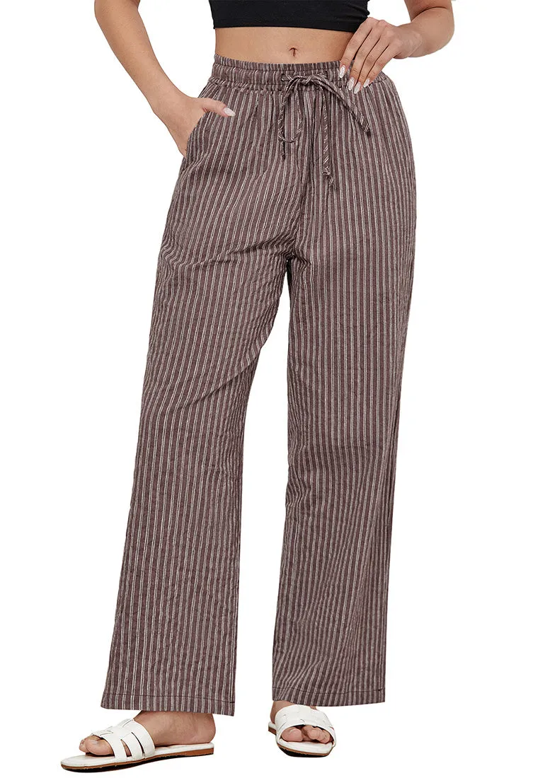 Brown White Stripe Women's Drawstring Full Length High Waist Long Pants Wide Leg Striped Trousers