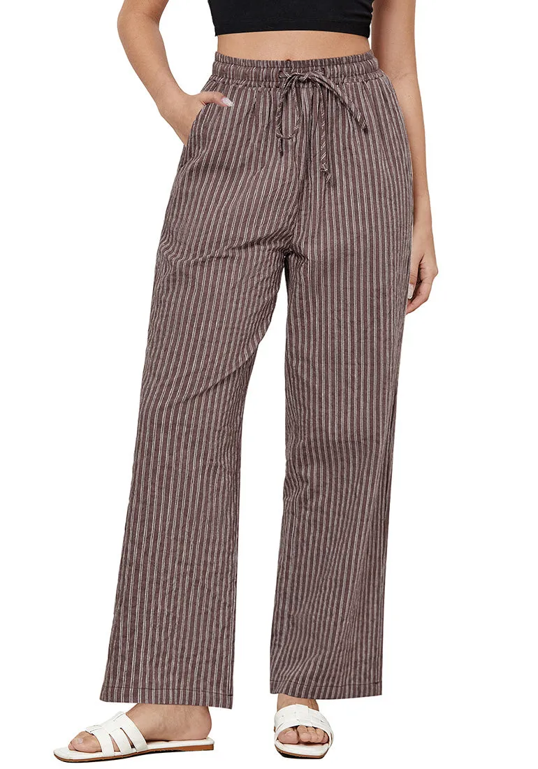 Brown White Stripe Women's Drawstring Full Length High Waist Long Pants Wide Leg Striped Trousers