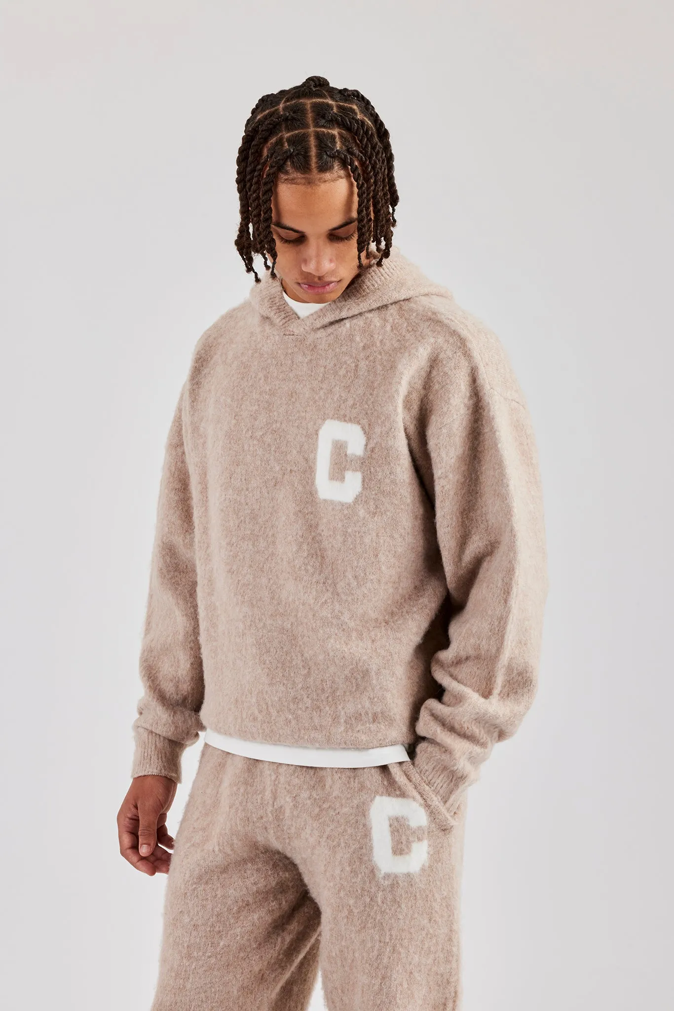 Brushed Knit Oversized Knitted Hoodie - Stone