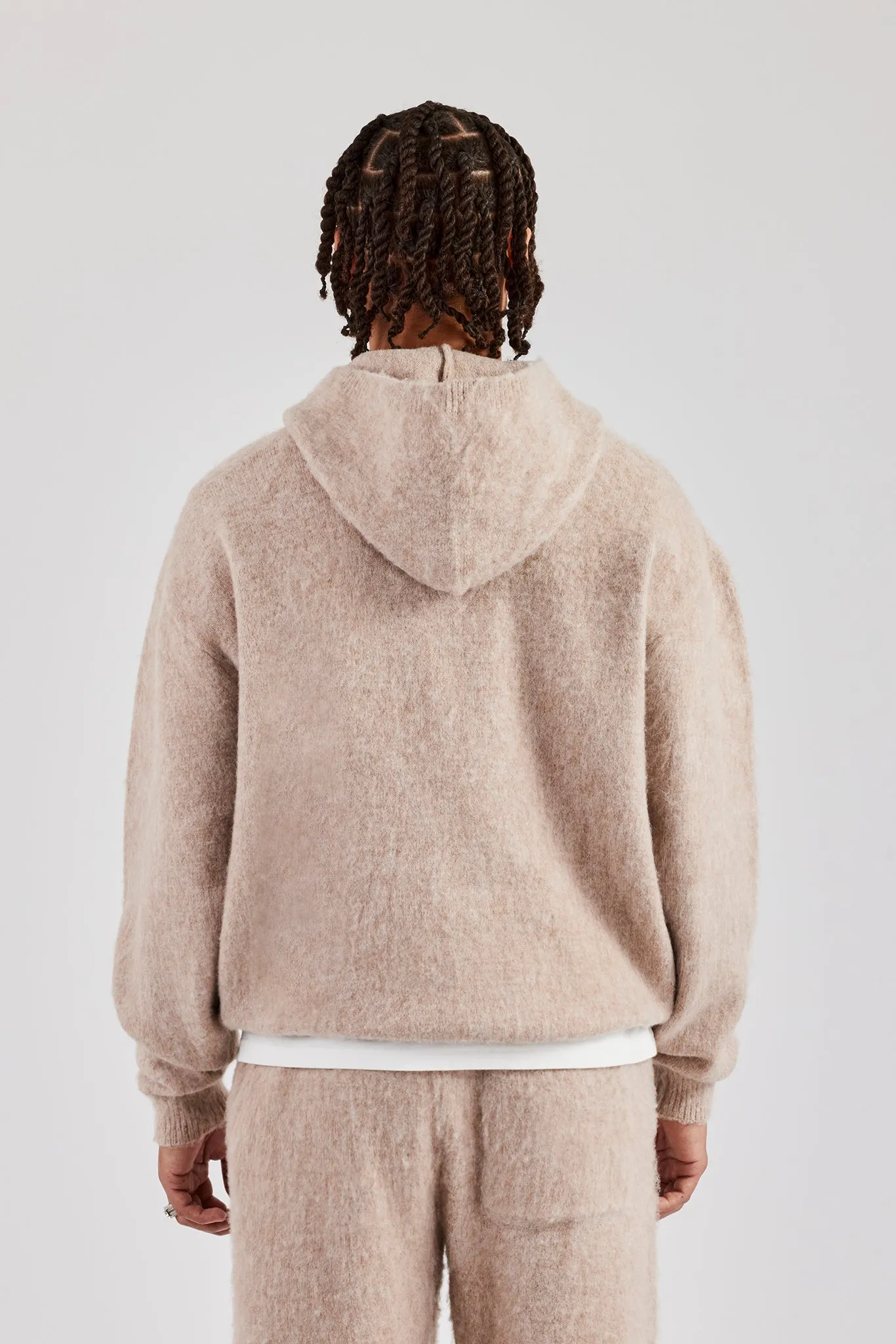 Brushed Knit Oversized Knitted Hoodie - Stone