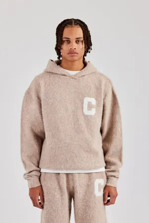 Brushed Knit Oversized Knitted Hoodie - Stone