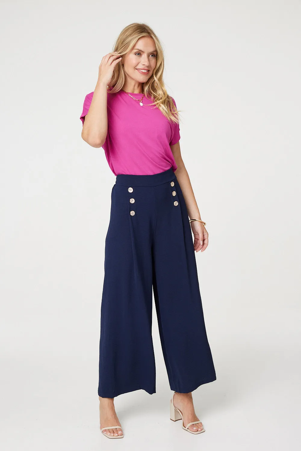 Button Detail Wide Leg Trousers