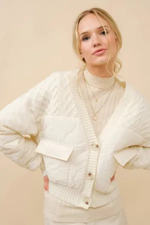 Cable Sweater Mix Media Quilted Crop Jacket