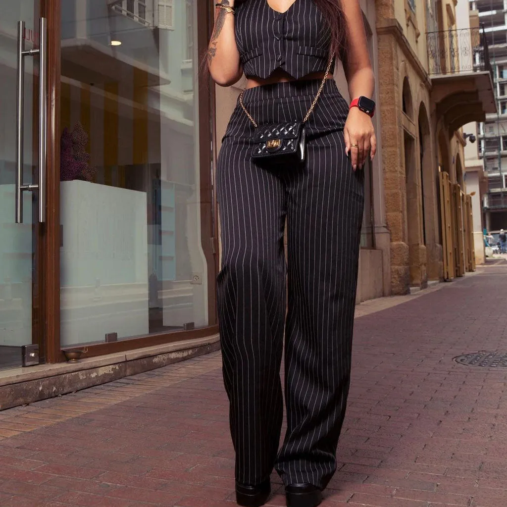 Classic High Waist Contrast Pinstripe Pattern Flared Suit Pants