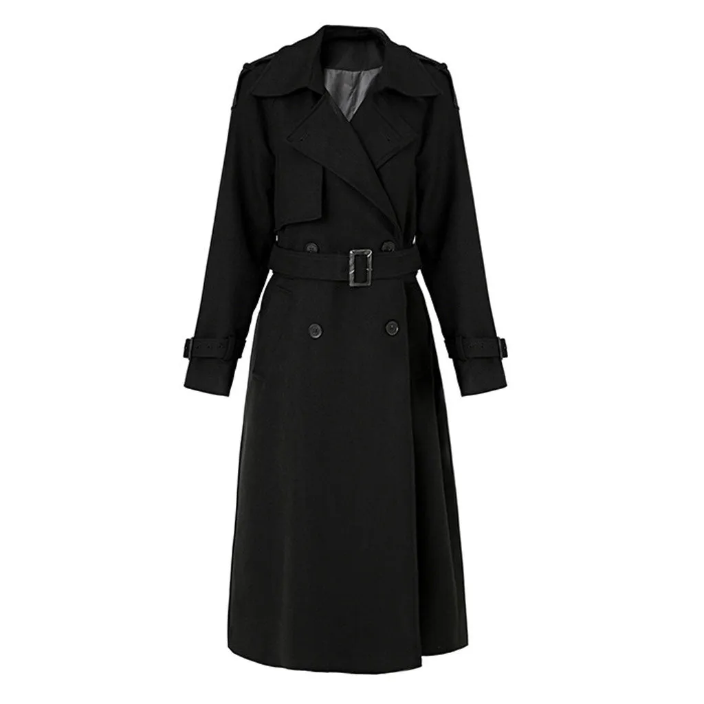 Classic Spread Collar Double Breasted Belted Wool Blend Trench Coat