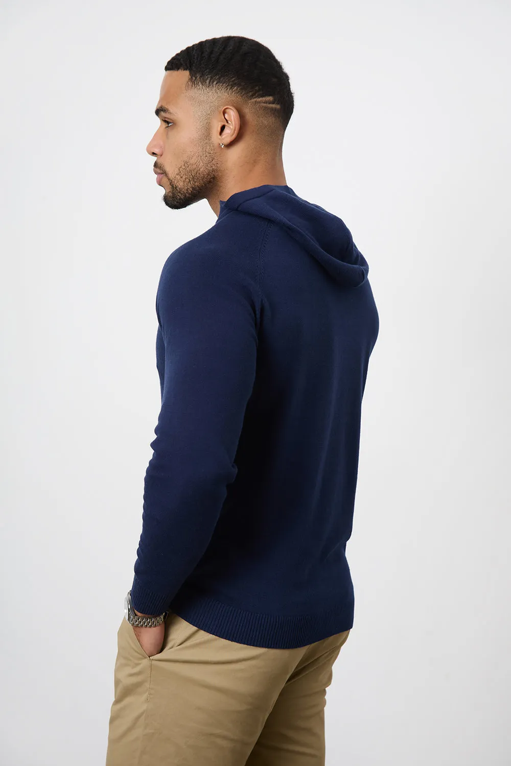 Cotton Knitted Hoodie in Navy