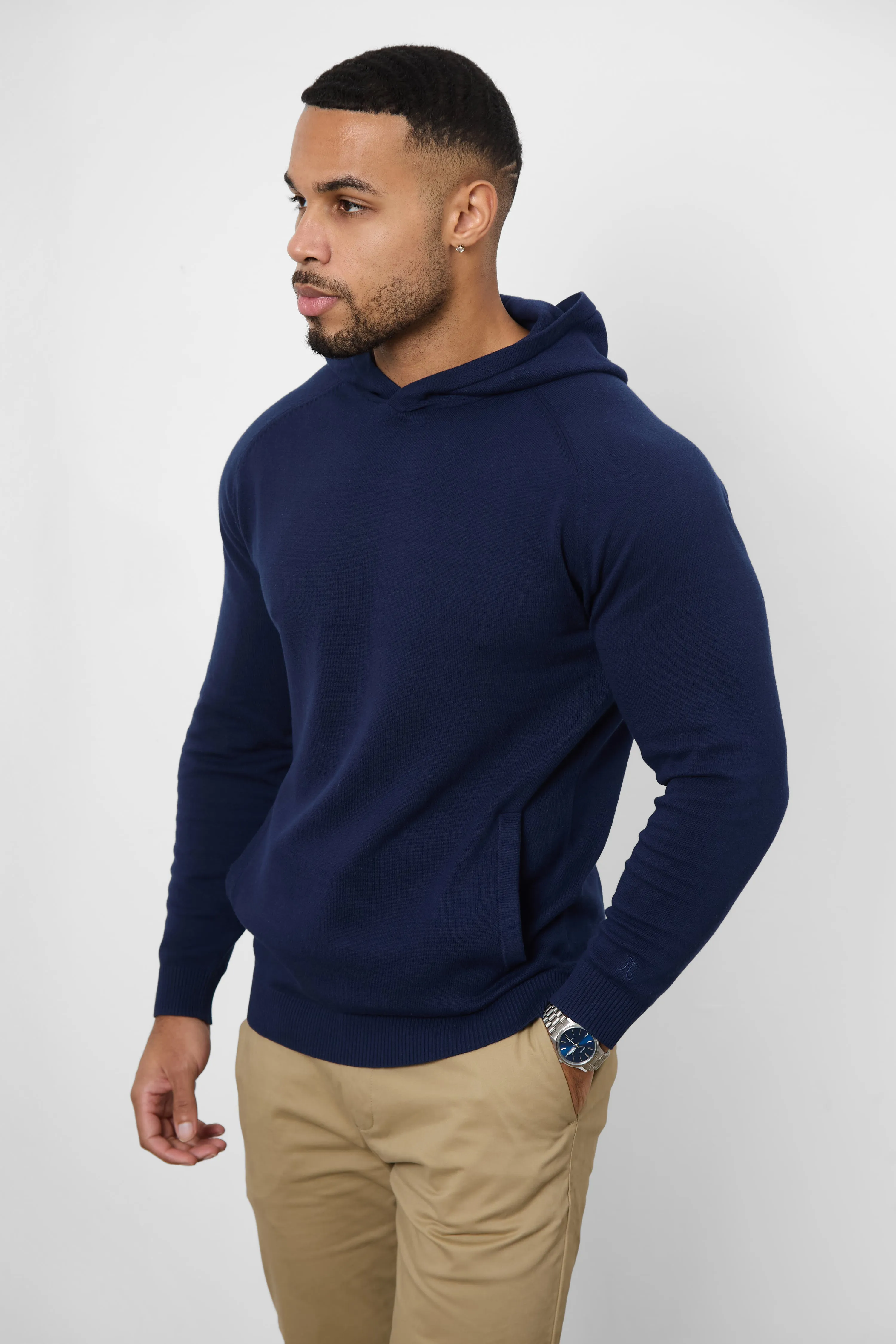 Cotton Knitted Hoodie in Navy