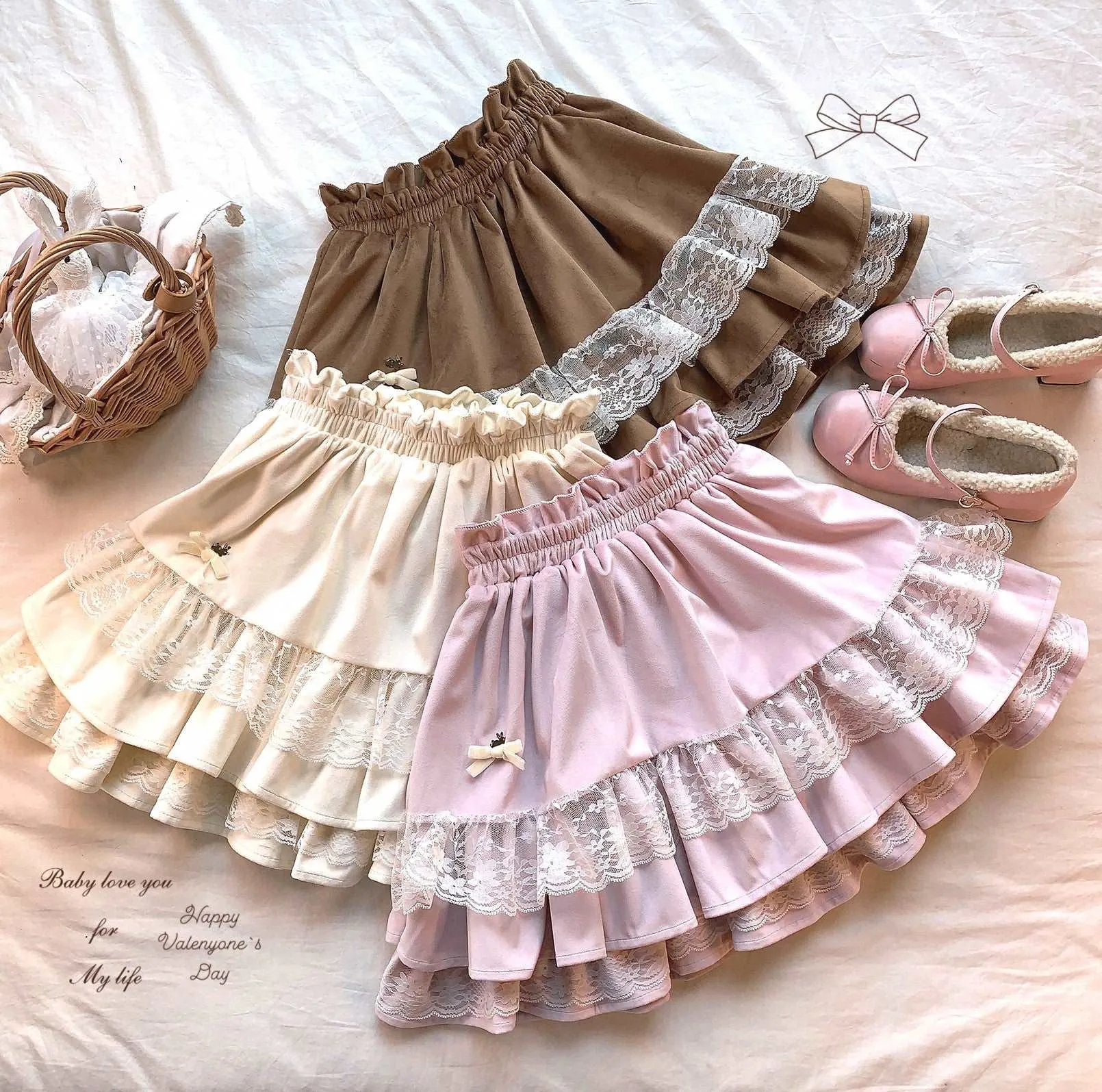 Dormir Doll EGL Velvet Ruffled Lace Pink Cream Brown Elastic Skirt