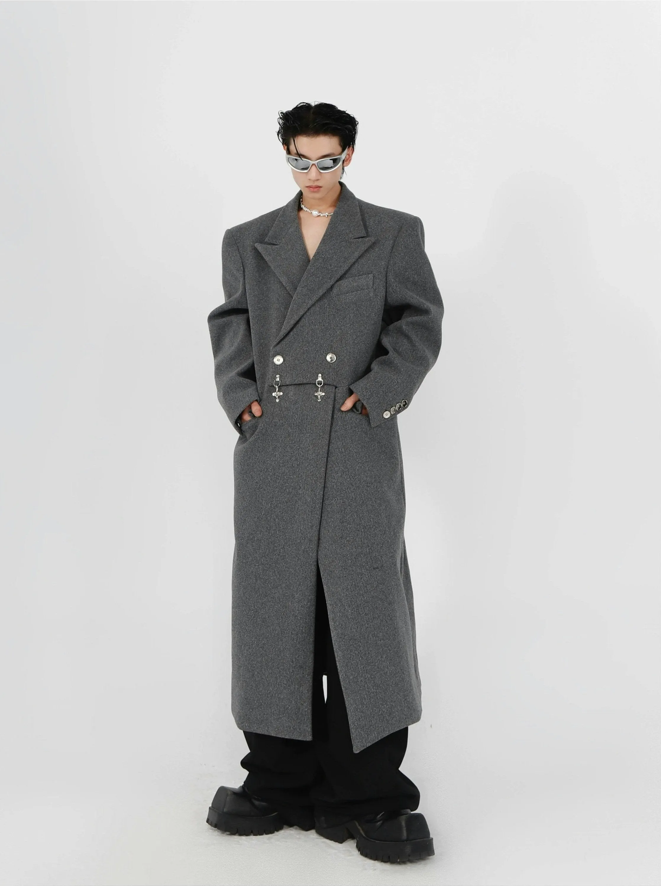 Double-Breasted Boxy Trench Coat with Metal Buckle