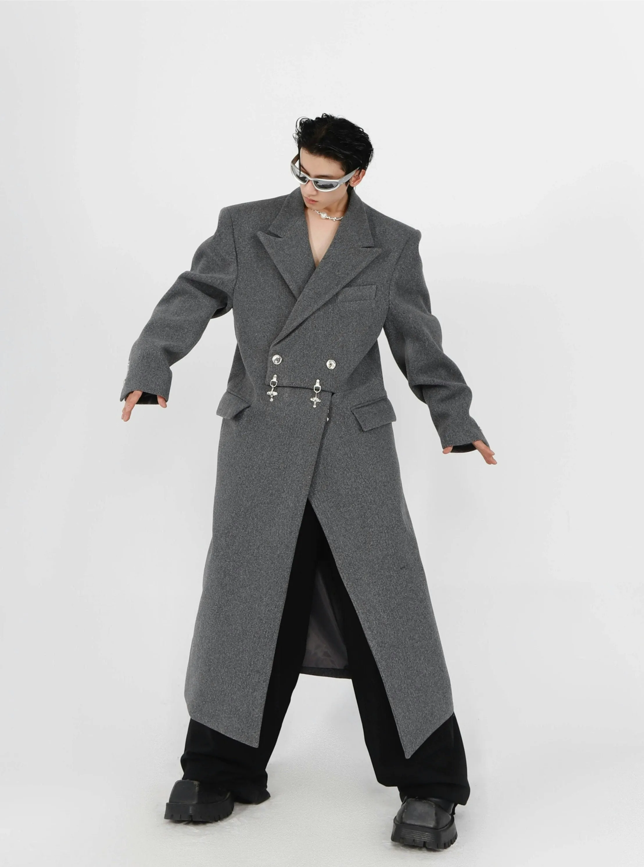 Double-Breasted Boxy Trench Coat with Metal Buckle