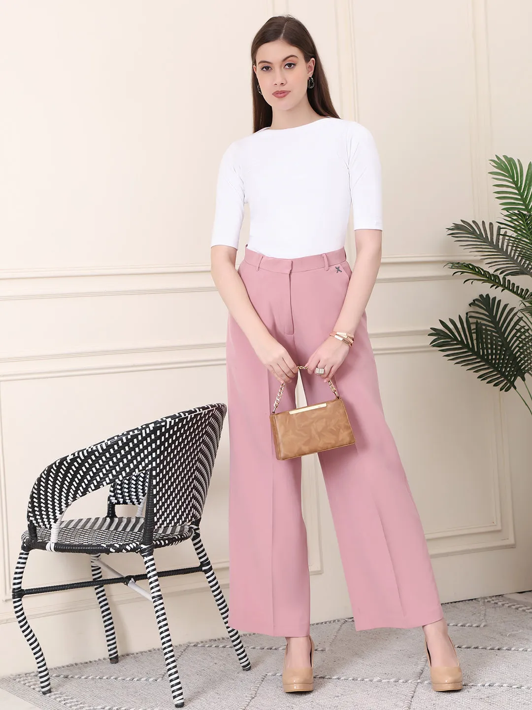 Dusty Pink Blended Empowered Chic Wide Leg Trouser