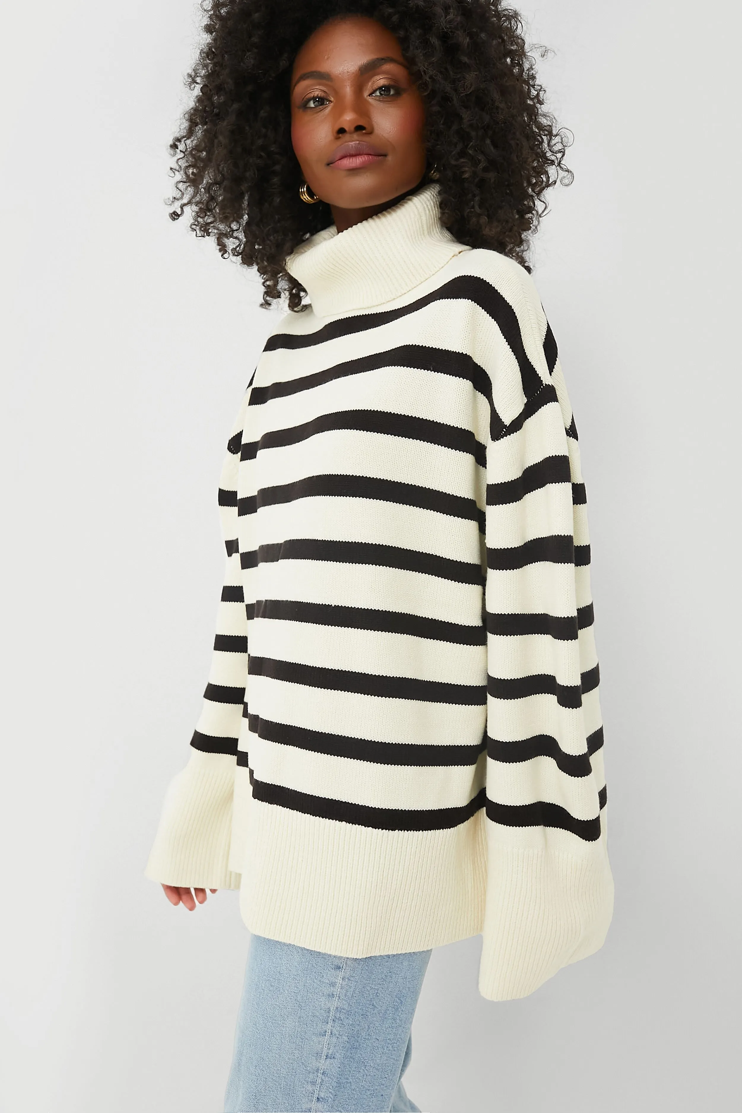 Ecru and Black Striped Turtleneck Sweater