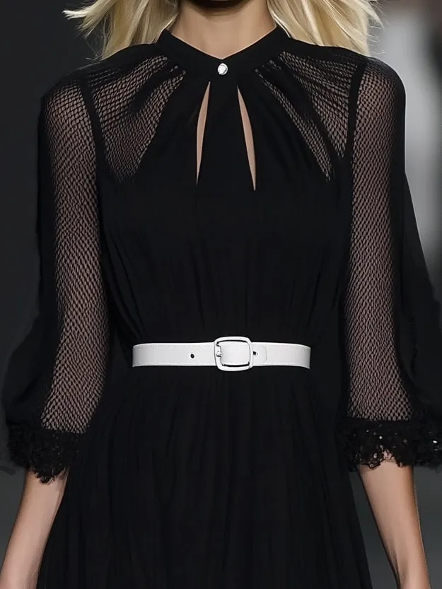 Elegant Classic Black Mesh Chiffon Long Sleeve Maxi Dress