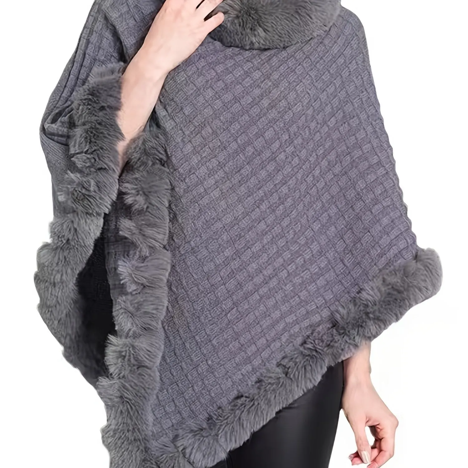 Elegant Thick Knit Turtleneck Sweater with Faux Fur Trim - Cape for Women,