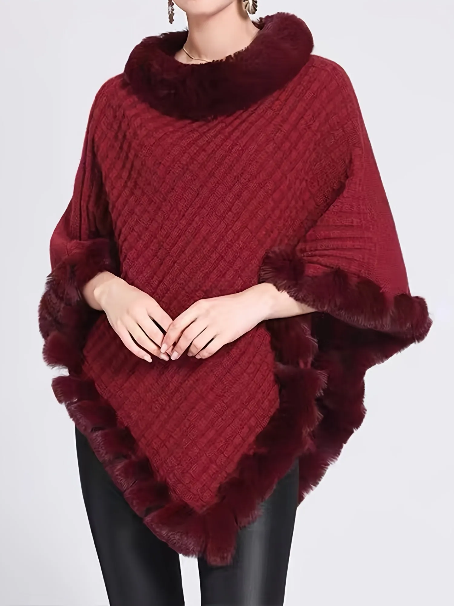 Elegant Thick Knit Turtleneck Sweater with Faux Fur Trim - Cape for Women,