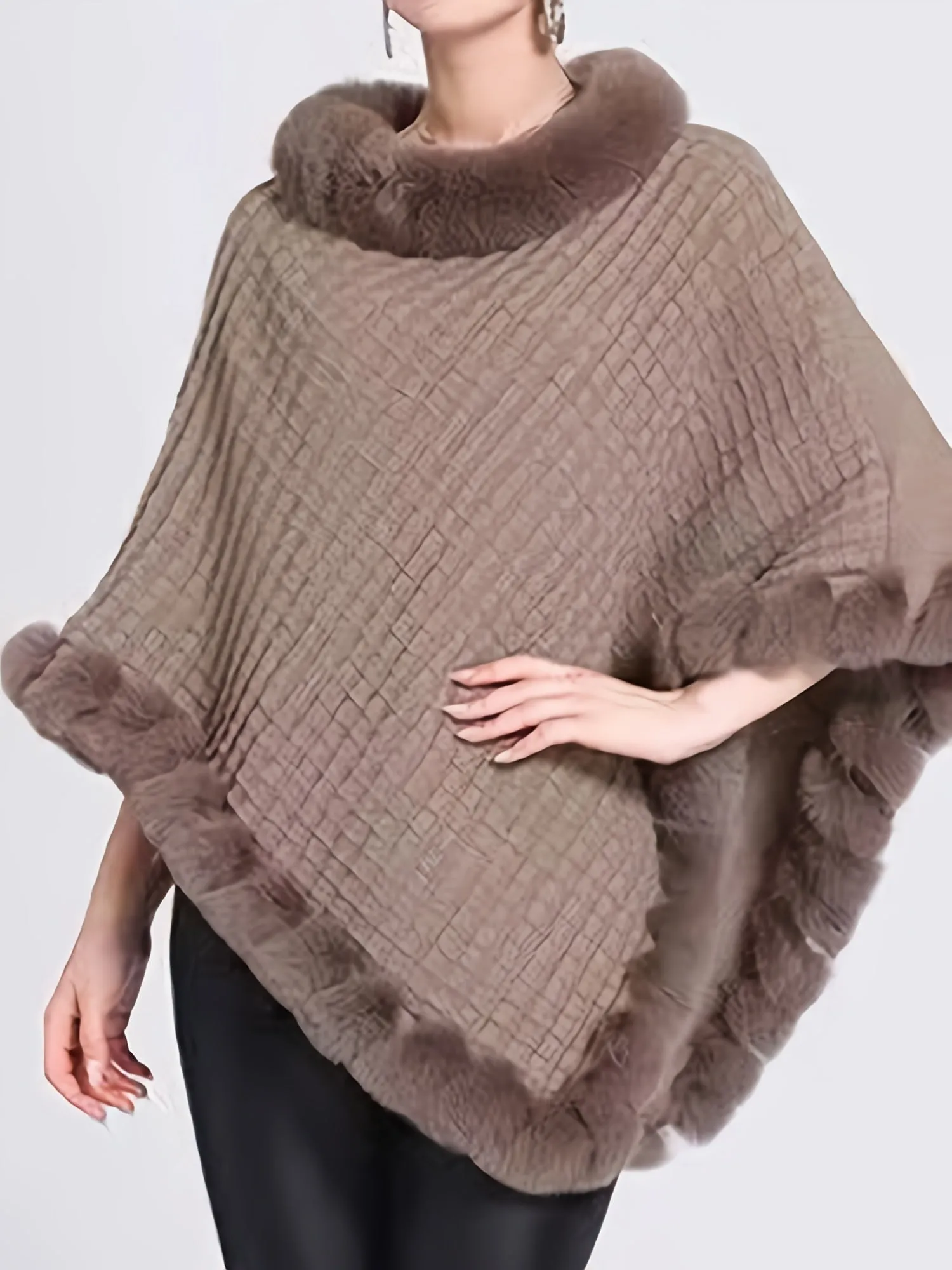 Elegant Thick Knit Turtleneck Sweater with Faux Fur Trim - Cape for Women,