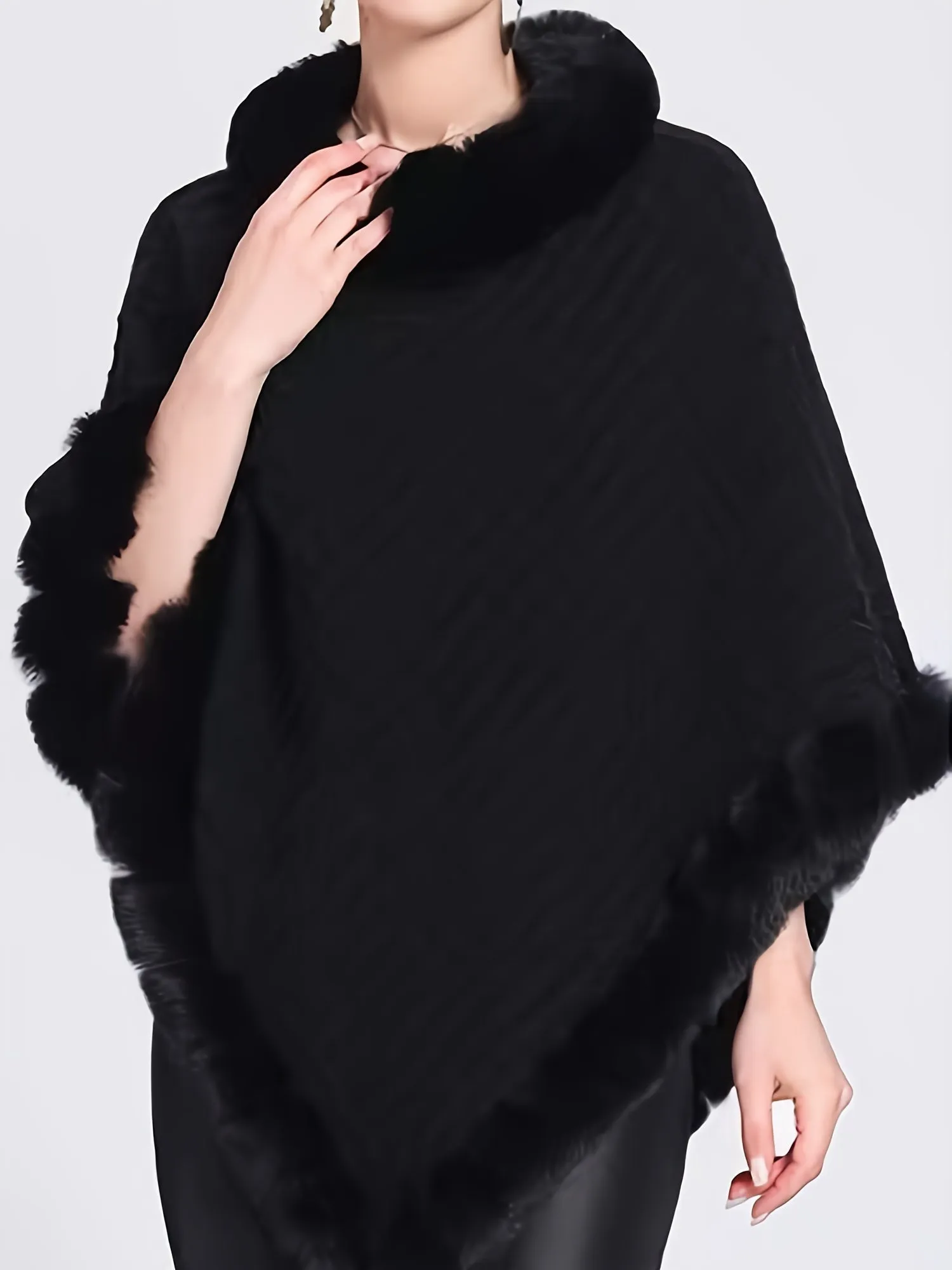 Elegant Thick Knit Turtleneck Sweater with Faux Fur Trim - Cape for Women,