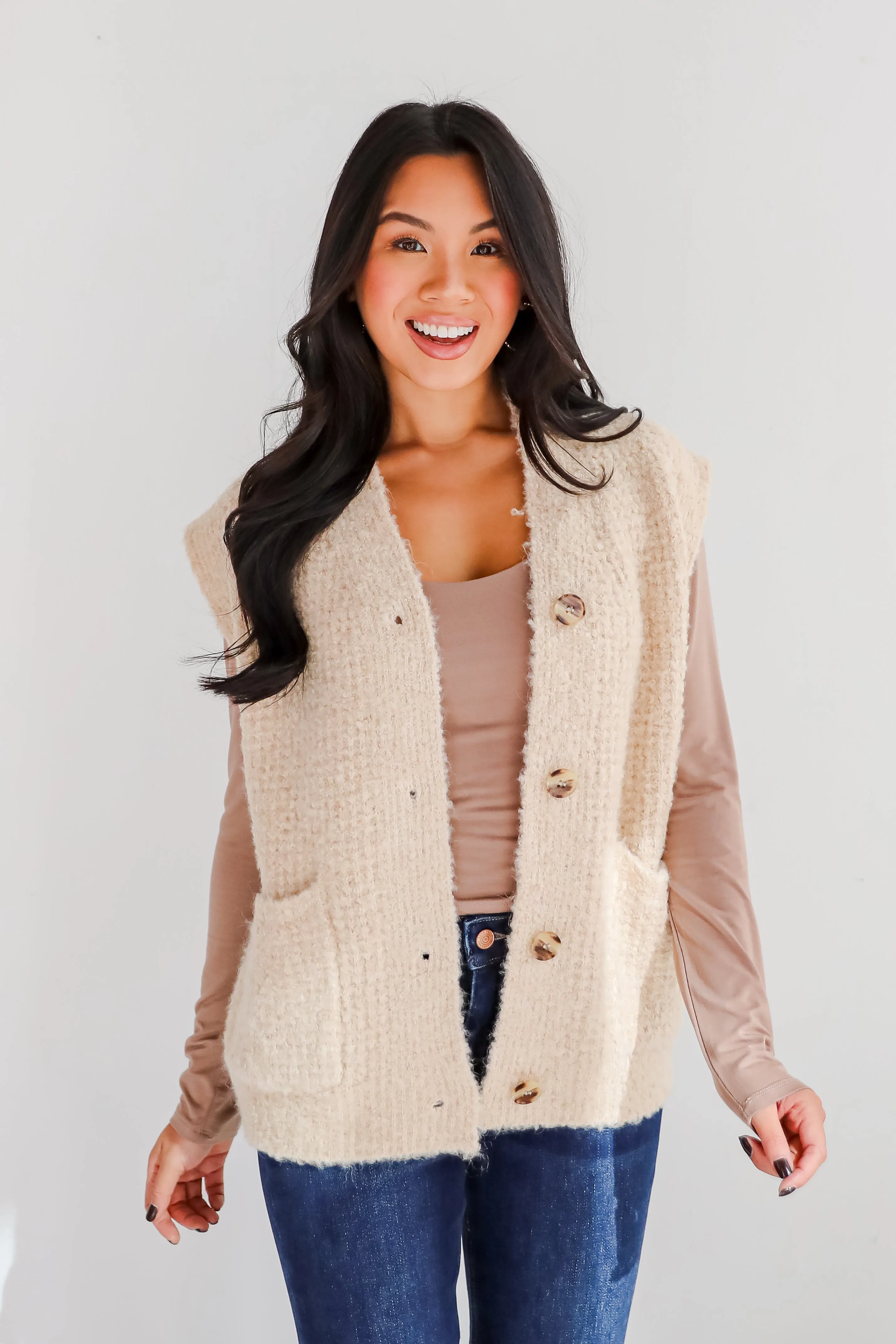 Elevated Comfort Oatmeal Fuzzy Knit Sweater Vest