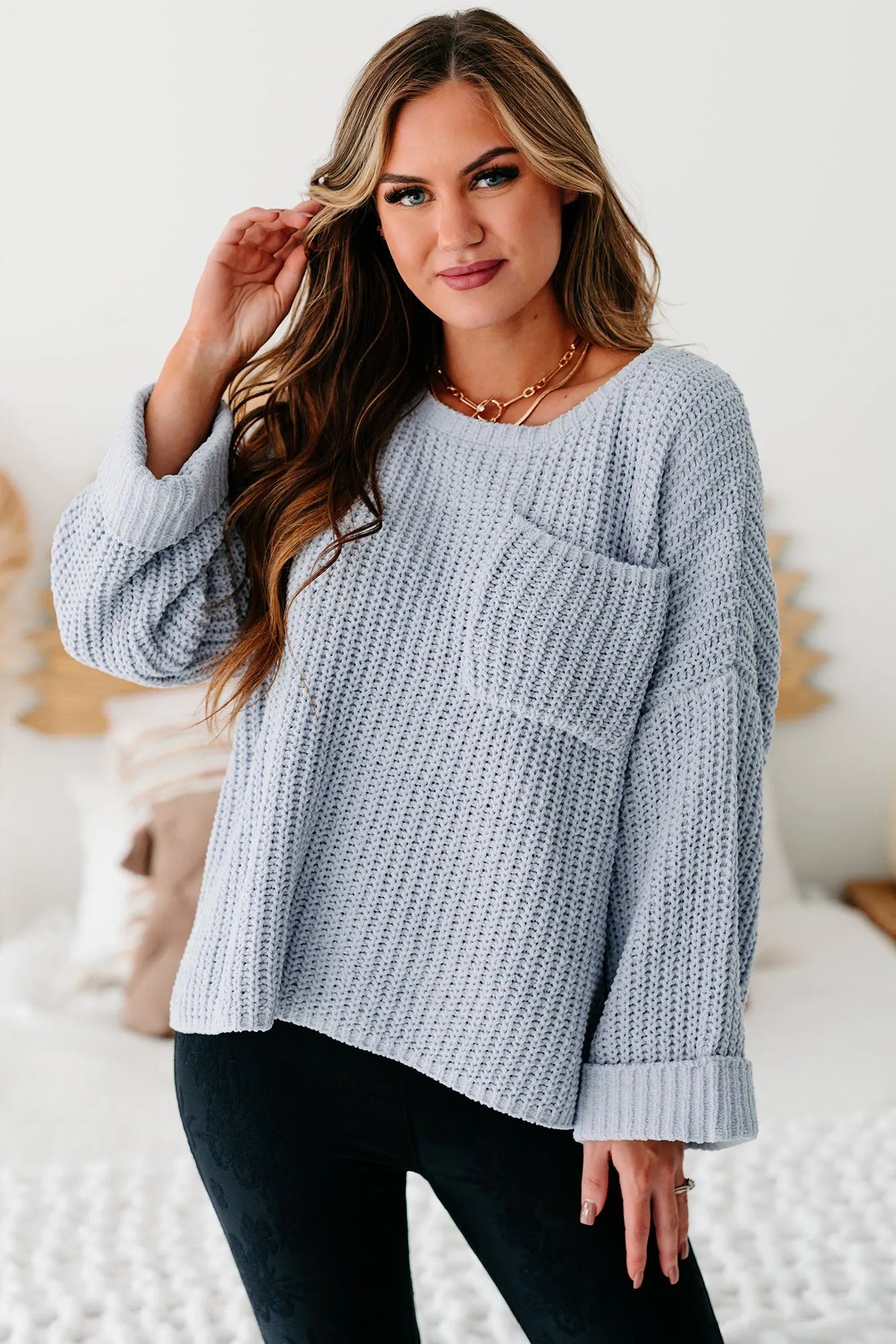 Fall Into Cozy Chunky Chenille Knit Sweater (Dusty Blue)