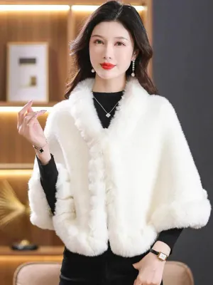 Fashion Elegant Faux Fur Trims Mink Cashmere Fleece Cape Women Cheongsam Wedding Dress Shawl Cloak Short Coat Winter Autumn