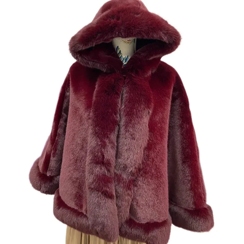 Faux Fur Hooded Poncho Cape